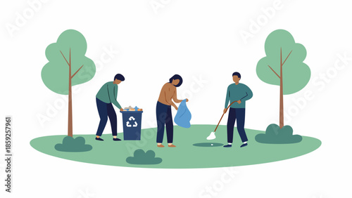 People volunteering to clean up a park collecting trash and sweeping