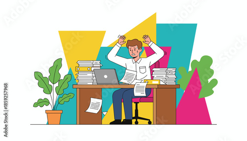 Overwhelmed office worker panicked by excessive workload and stacks of paper illustrating burnout and deadline pressure
