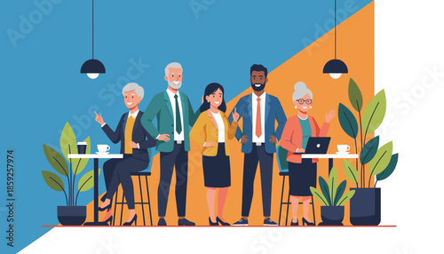 Diverse business team in professional attire showcasing collaboration leadership and multigenerational success