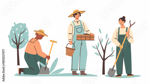 Diverse farmers tending to a garden with trees and gardening tools