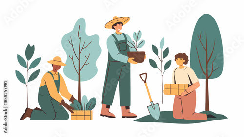 People planting trees and nurturing seedlings in a vibrant garden scene