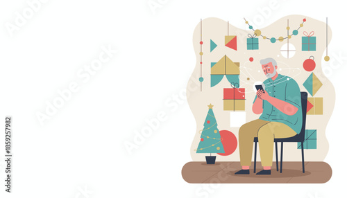 Lonely senior man scrolling on smartphone surrounded by festive geometric Christmas decorations
