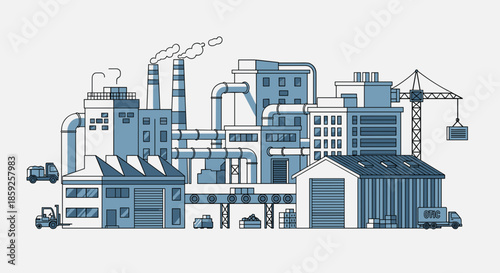 Urban industrial complex line art illustration showing factory buildings logistics production and manufacturing