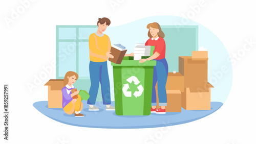 Family sorting paper and cardboard into a green recycling bin indoors