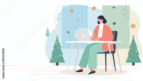 Holiday work concept Woman using laptop at desk in office decorated with Christmas trees