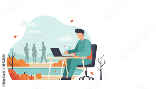 Remote worker using laptop at a park desk in autumn Digital nomad lifestyle seasonal business freelance concept