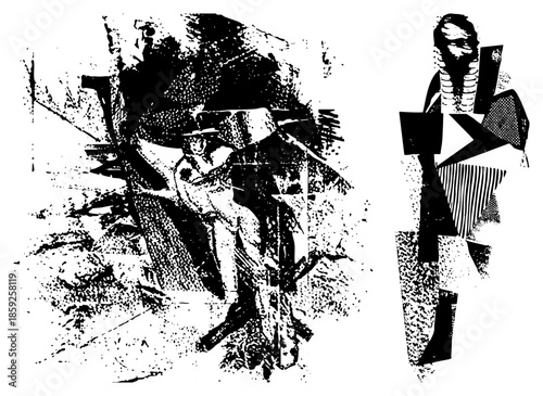 Abstract human figures in fragmented black and white vector style