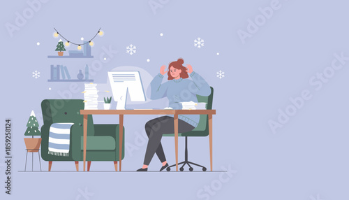 Stressed woman working overtime during winter holidays in a messy home office with paper piles