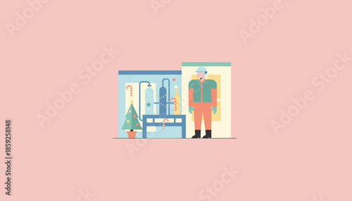 Worker in a chemical or distillation lab decorated with Christmas lights and candy canes ready for the holiday season
