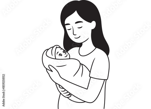 Mother holding newborn baby with love and care simple black and white line art illustration