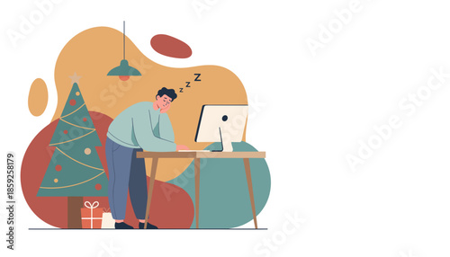 Exhausted man napping at desk near a Christmas tree and computer Holiday burnout and stress concept