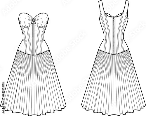 Technical fashion illustration of a women's strapless corset dress featuring a sweetheart neckline and flared pleated skirt for apparel design