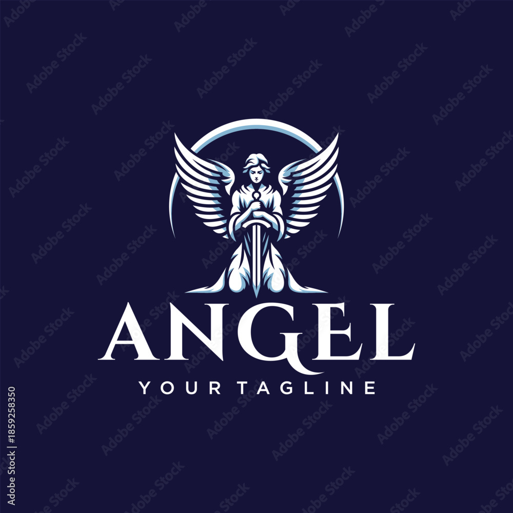 Fototapeta premium Angel Guardian Logo with Wings and Sword Vector Illustration