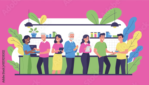 Happy diverse colleagues interacting in a colorful modern workplace kitchen during a coffee break