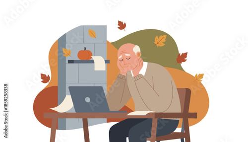 Stressed senior man dealing with financial burdens or confusing technology at his autumnthemed home desk