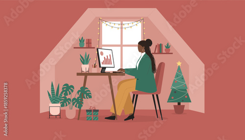 Remote work during holidays Woman analyzes data on computer in a festive cozy attic home office