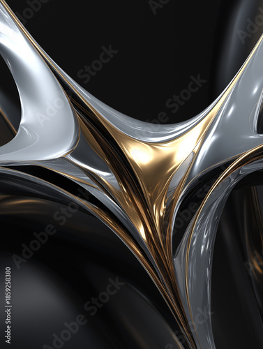 Metallic chrome fluid background with reflective surfaces, 3D waves, futuristic glow, dark contrast, elegant tech feel