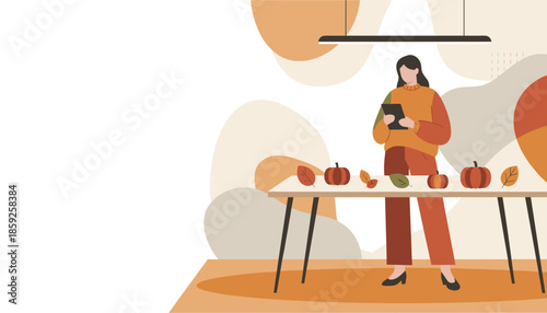 Woman planning fall decoration with a tablet next to pumpkins and leaves Autumn seasonal concept illustration