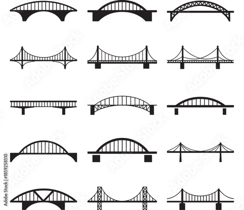 Various bridge types and construction symbols for map and UI design black vector icons