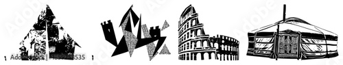 Historic landmarks and yurt in black and white vector