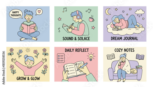 Illustrations showing selfcare practices reading journaling reflection and personal growth for mental wellness