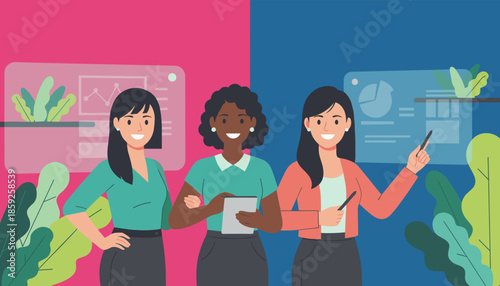 Diverse team of professional women collaborating presenting charts and achieving success