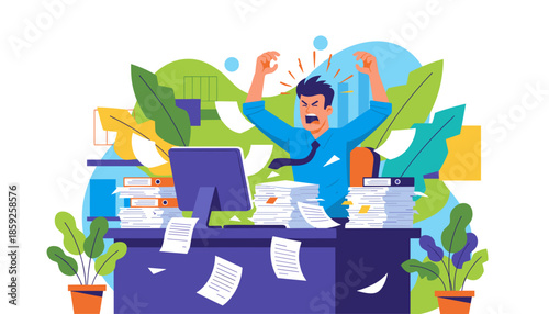 Frustrated office worker overwhelmed by excessive paperwork and stress Burnout concept