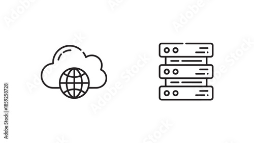 Cloud computing and global network server infrastructure technology line icons