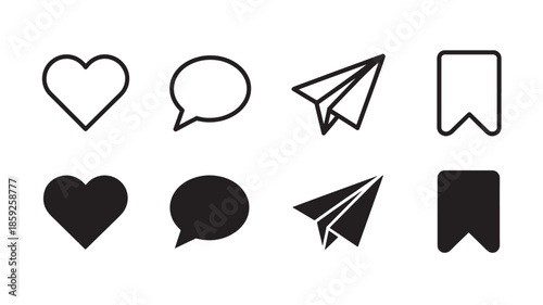 Social media interaction icons for app ui and web interface minimalist line and solid vector symbols