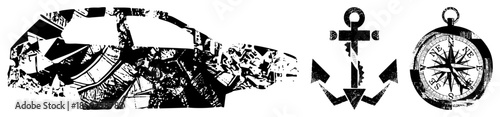 car silhouette composed of fragmented map pieces with anchor and compass