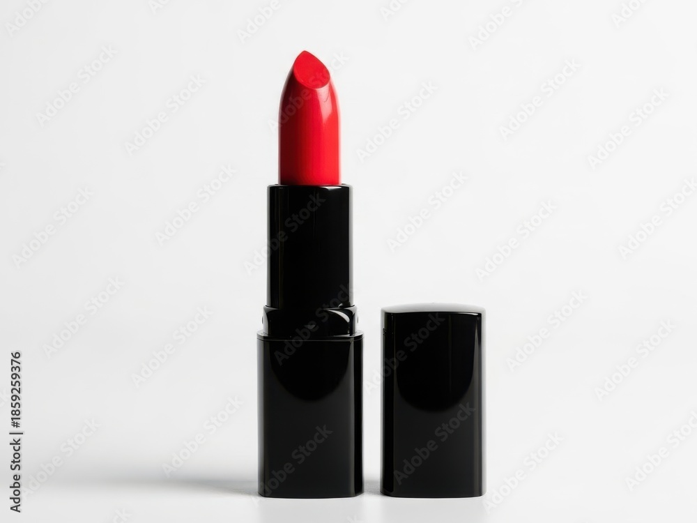 Obraz premium Bright red lipstick in black tube isolated on white background
