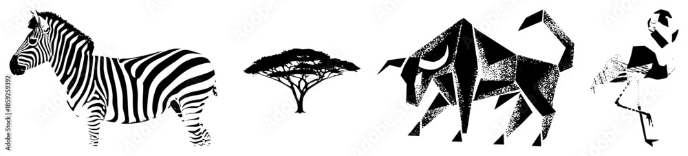 Fototapeta premium zebra acacia bull flamingo geometric black white vector