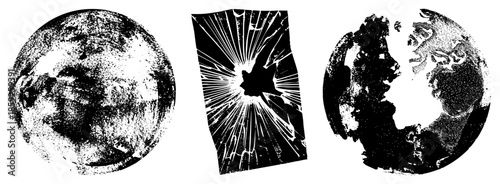 Three globes with distressed textures and cracked glass effect