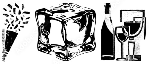 ice cube champagne bottle glasses confetti party set