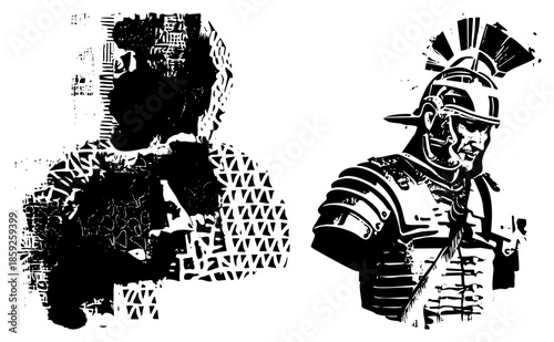 Two ancient in stylized black and white vector art