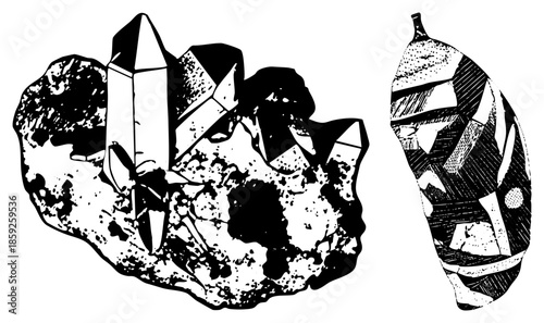 crystal cluster and abstract leaf vector illustration