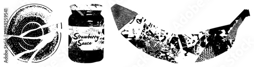 Strawberry sauce jar with abstract plate and banana vector set