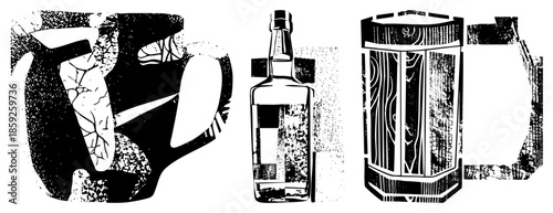 Three drink containers stylized in black and white vector art