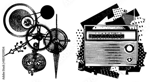 clockwork gears and vintage radio vector illustration