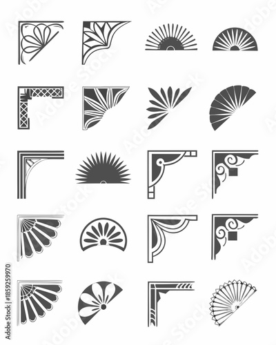 Collection of vintage art deco corner designs and ornamental black patterns