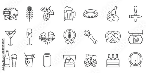 Beer glass, drink pub and brewery editable stroke outline icons set
