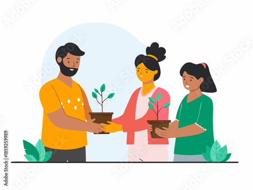 Family nurturing young plants together symbolizing growth and environmental care