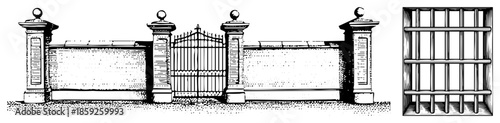 ornate iron gate with stone pillars and decorative fence