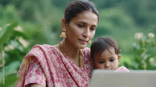 Indian woman working on laptop while holding a baby outdoors  