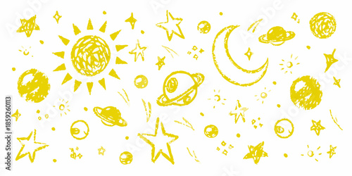 A playful collection of hand drawn yellow celestial bodies and starry shapes