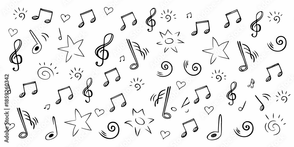 Fototapeta premium A whimsical collection of musical notes stars hearts and playful swirls