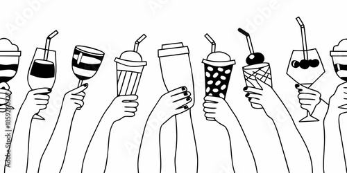 Hands reaching up holding various drinks and cocktails in a sketch style