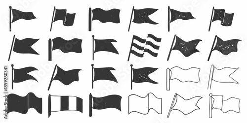 Collection of diverse black and white flag illustrations in varied designs