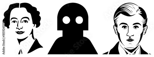 Three stylized portraits one anonymous silhouette
