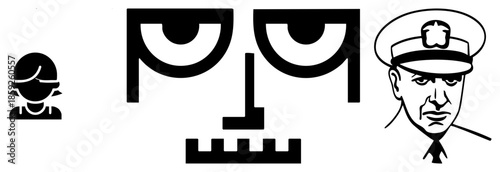 Three stylized faces female worker, abstract eyes, police officer